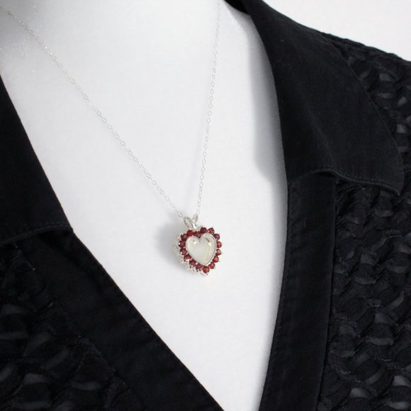 Red Rhinestone Heart Pendant Necklace Reversible Sterling Silver Clear Red 18" - Picture 9 of 9